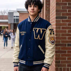 Men's Warriors Tigers High School Varsity Jacket – Navy Blue Wool & Leather