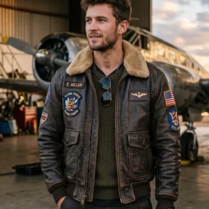 Men's Dark Brown Vintage Pilot Leather Bomber Jacket with Shearling Collar