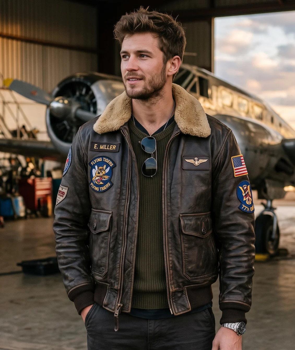 Men's Dark Brown Vintage Pilot Leather Bomber Jacket with Shearling Collar
