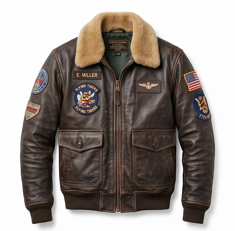 Men's Dark Brown Vintage Pilot Leather Bomber Jacket with Shearling Collar - Image 2