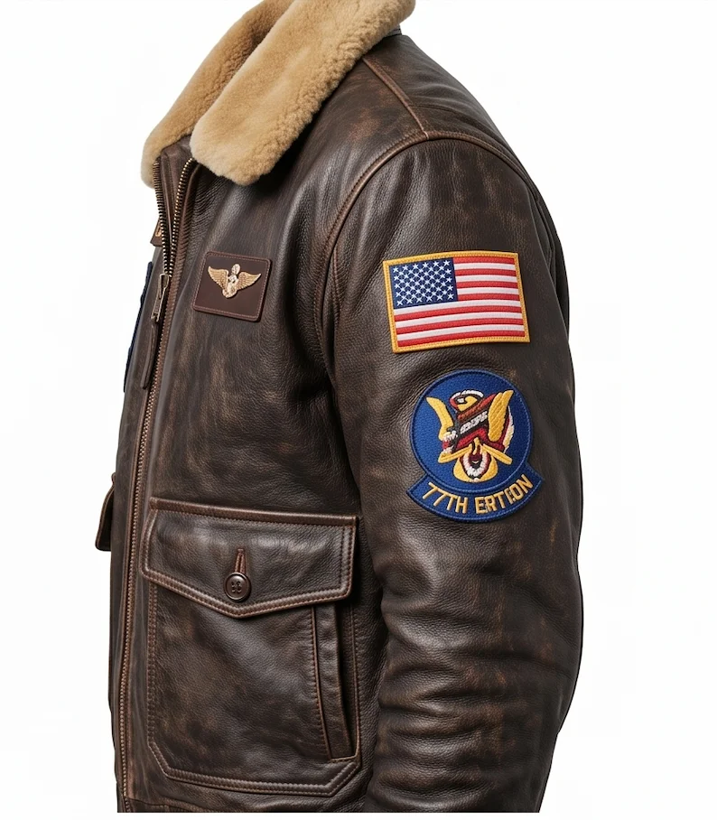 Men's Dark Brown Vintage Pilot Leather Bomber Jacket with Shearling Collar - Image 5