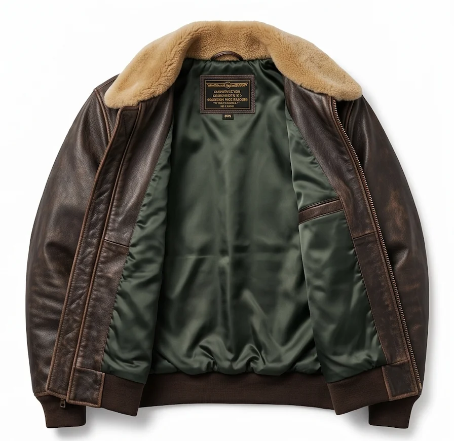 Men's Dark Brown Vintage Pilot Leather Bomber Jacket with Shearling Collar - Image 4