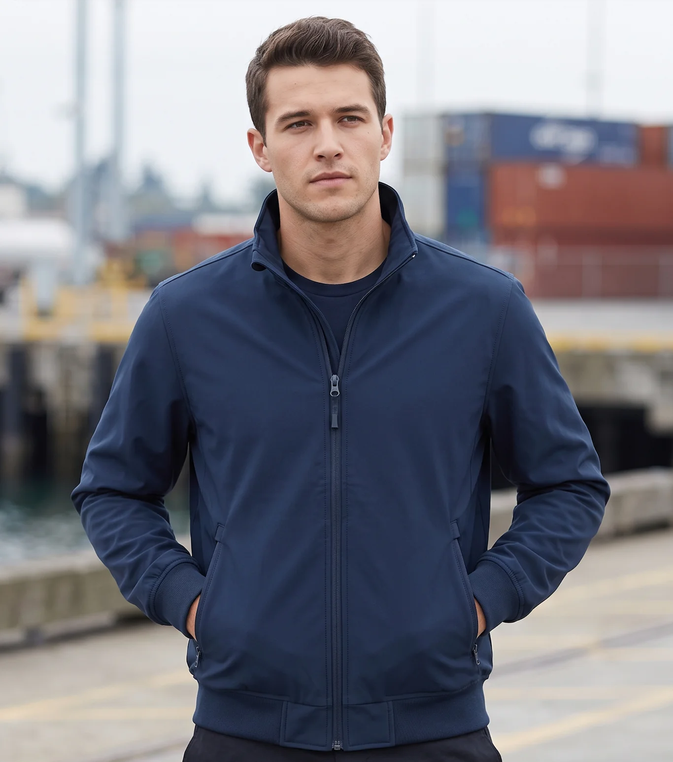 Men’s Navy Blue Soft Shell Bomber Jacket | Weather-Resistant Lightweight Outerwear