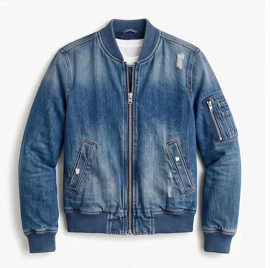 Women’s Vintage Distressed Denim Bomber Jacket in Indigo Blue - Image 2