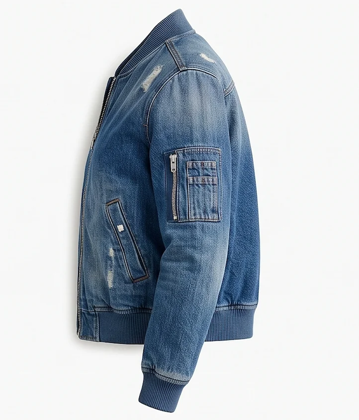 Women’s Vintage Distressed Denim Bomber Jacket in Indigo Blue - Image 5