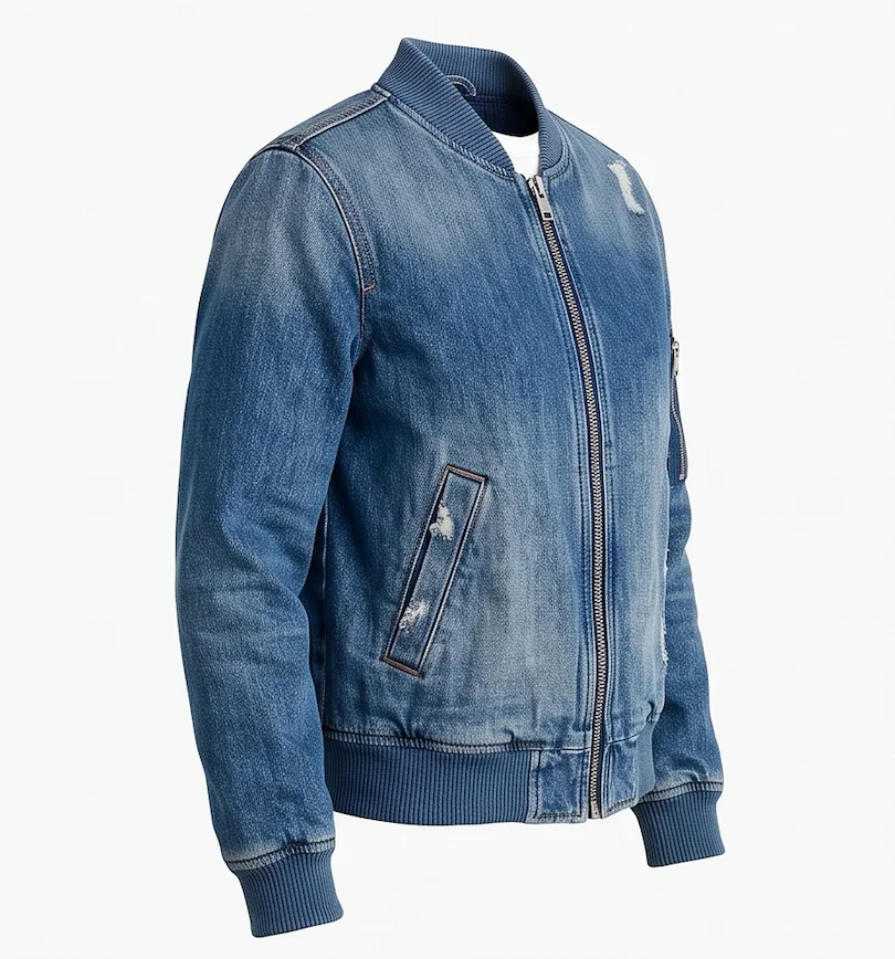 Women’s Vintage Distressed Denim Bomber Jacket in Indigo Blue - Image 4