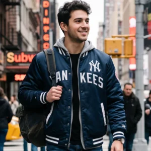 Navy Blue Leather Hooded Bomber Jacket for Men – Vintage Varsity Style