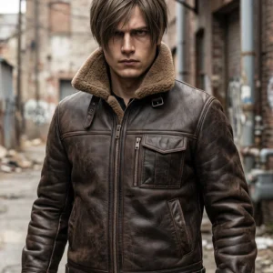 Leon Kennedy Dark Brown Shearling Leather Jacket – Men’s Distressed Bomber