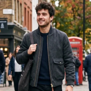 Men's Charcoal Wool Bomber Jacket with Flap Pockets