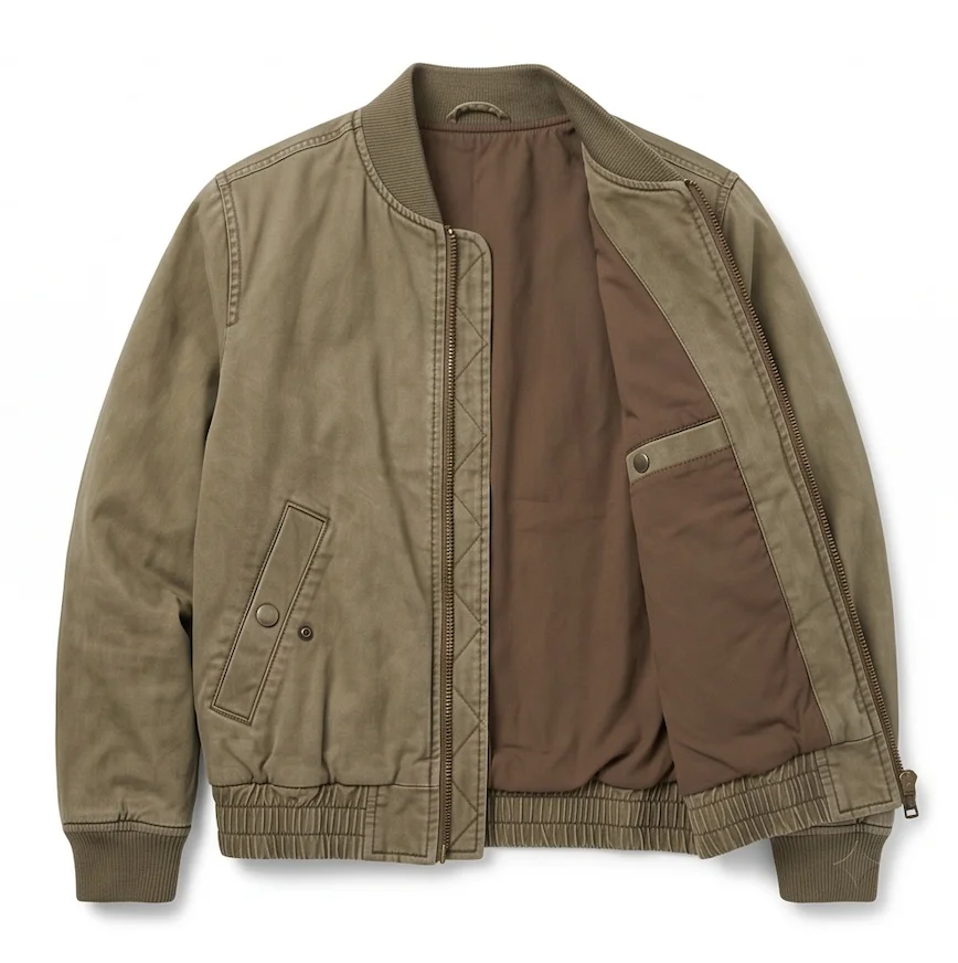 Men's Washed Khaki Cinched Bomber Jacket – Vintage Canvas Outerwear - Image 4