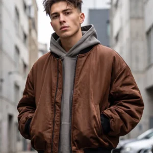 Men's Tobacco Brown Satin Bomber Jacket – Oversized Minimalist Urban Streetwear
