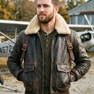 Men’s Dark Brown Vintage Bomber Leather Jacket with Sherpa Fur Collar & Back Straps