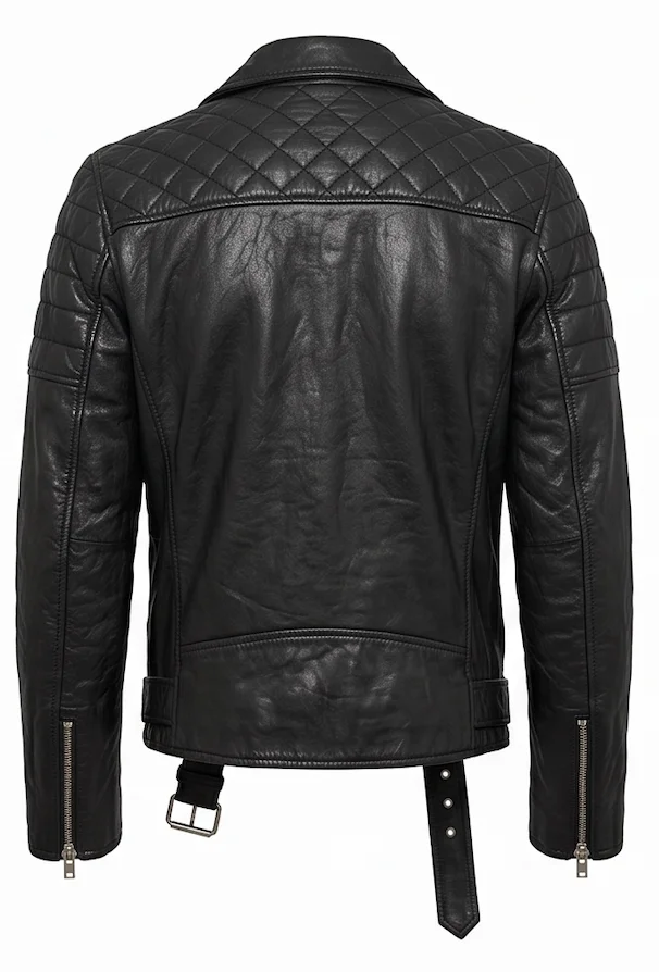 Men's Black Quilted Leather Biker Jacket – Vintage Moto Asymmetrical Style - Image 3