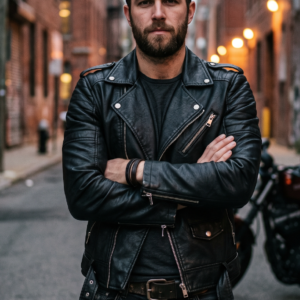 Men's Classic Matte Black Faux Leather Biker Jacket with Padded Shoulders