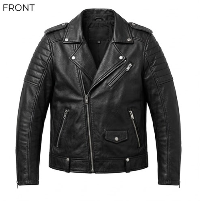 Men's Classic Matte Black Faux Leather Biker Jacket with Padded Shoulders - Image 3