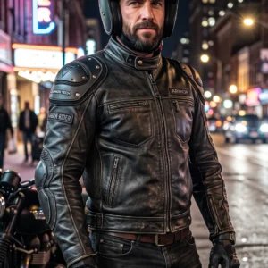 Men's Distressed Black Armored Leather Biker Jacket