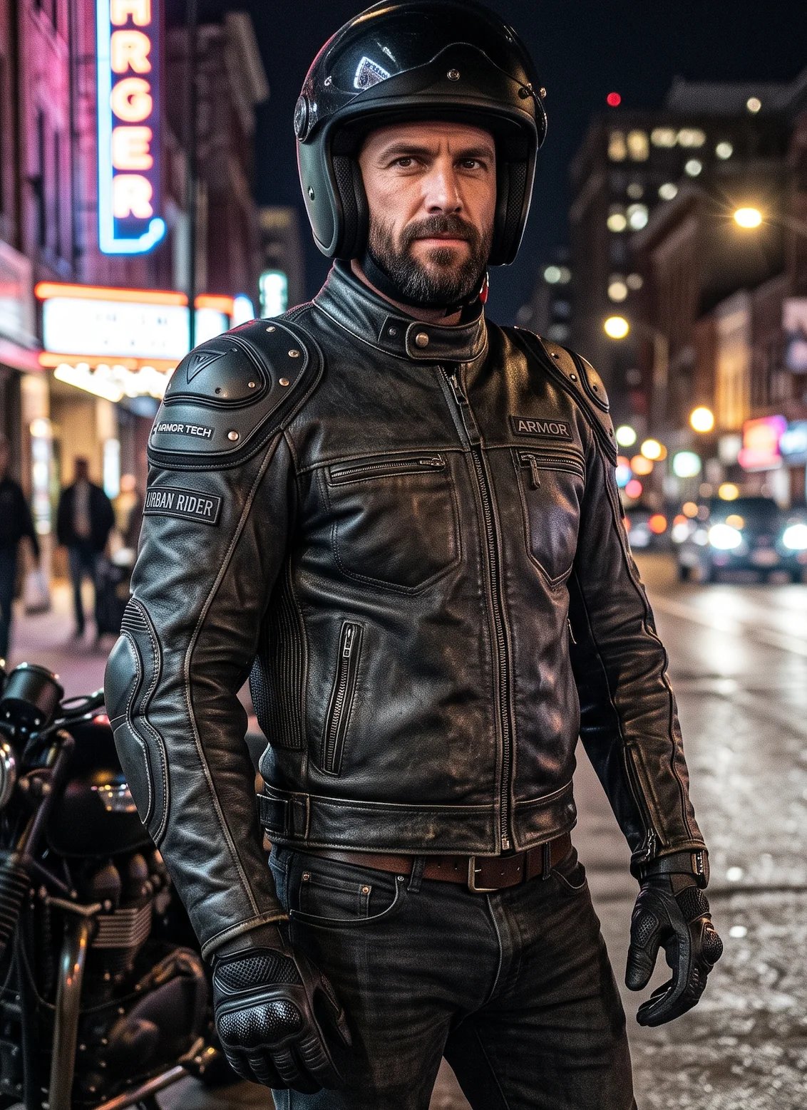 Men's Distressed Black Armored Leather Biker Jacket