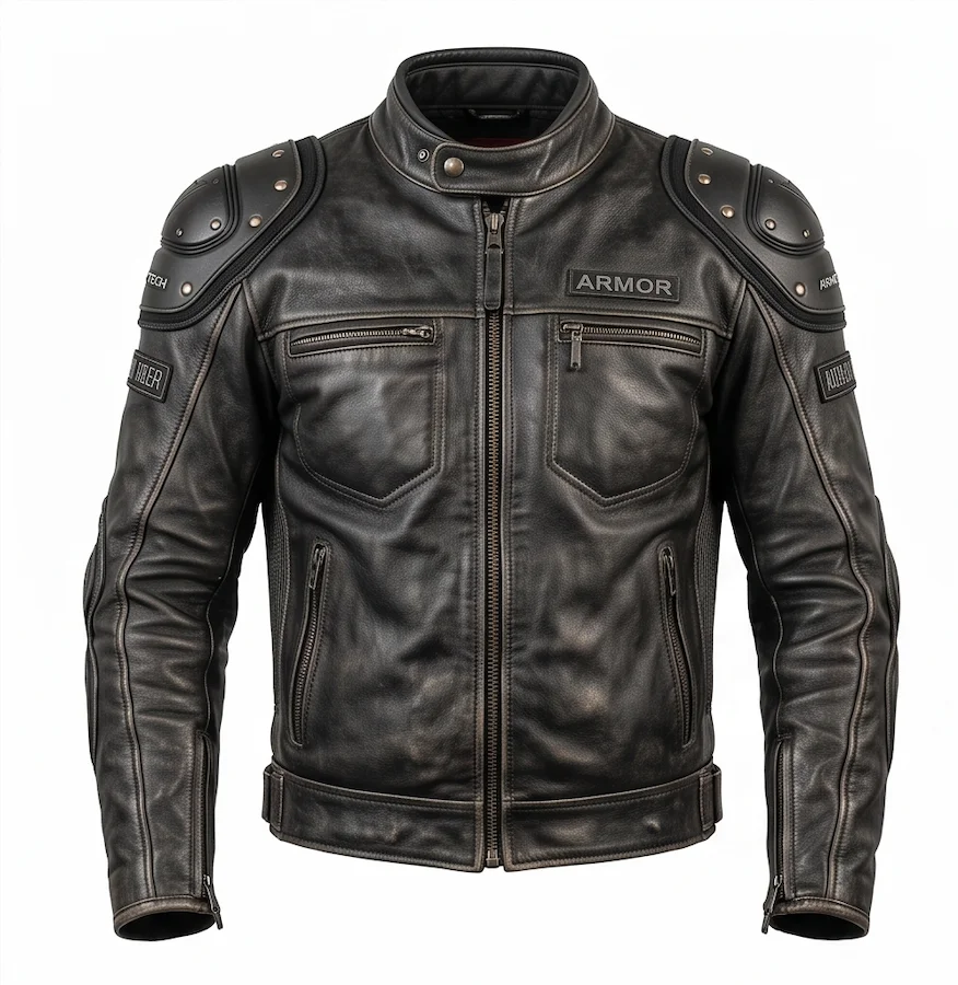 Men's Distressed Black Armored Leather Biker Jacket - Image 2