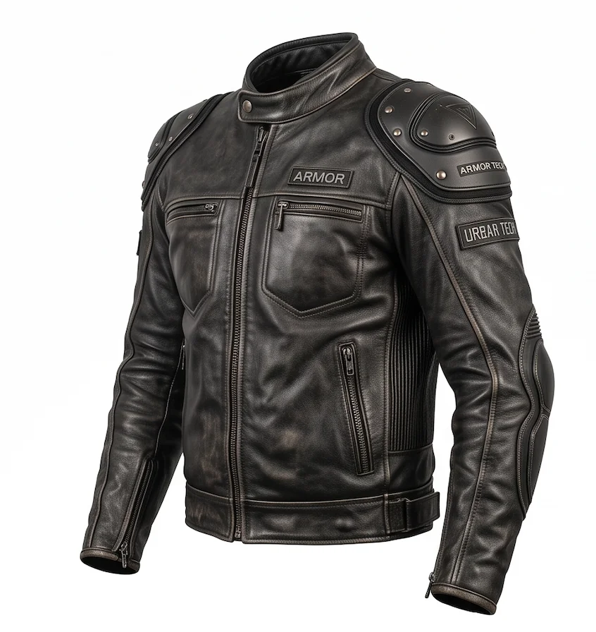 Men's Distressed Black Armored Leather Biker Jacket - Image 5
