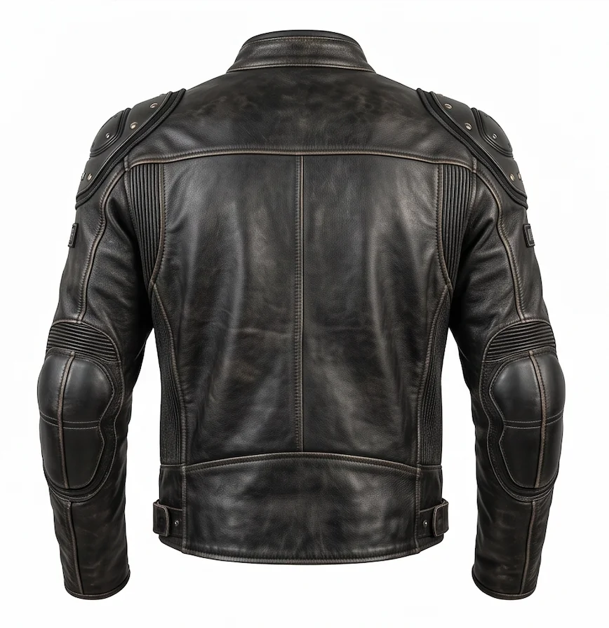 Men's Distressed Black Armored Leather Biker Jacket - Image 3