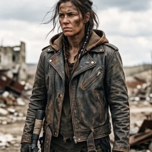 Post-Apocalyptic Distressed Brown Leather Moto Jacket with Detachable Fleece Hood
