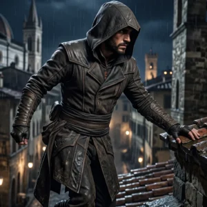 Men’s Distressed Dark Brown Leather Assassin Hooded Jacket