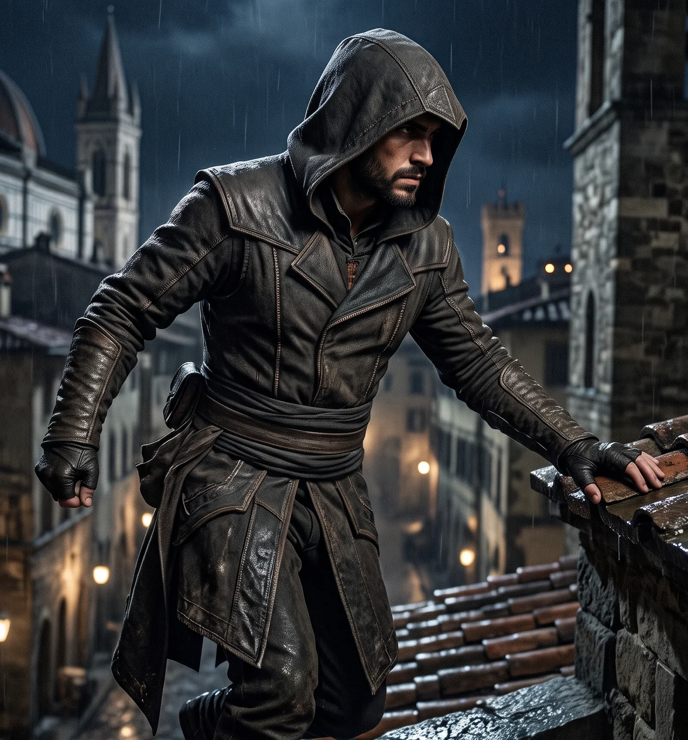 Men’s Distressed Dark Brown Leather Assassin Hooded Jacket