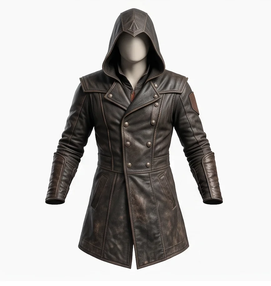 Men’s Distressed Dark Brown Leather Assassin Hooded Jacket - Image 2
