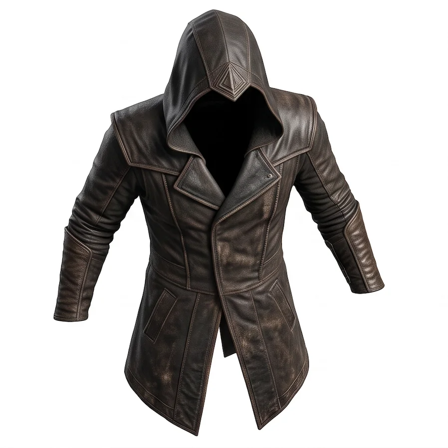 Men’s Distressed Dark Brown Leather Assassin Hooded Jacket - Image 5