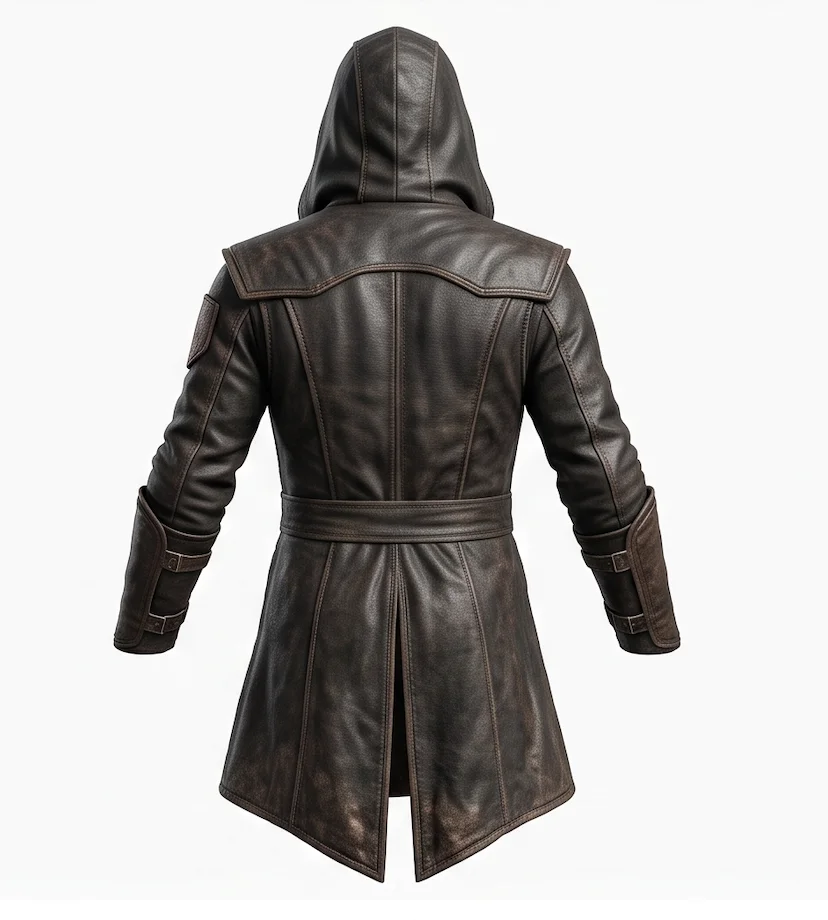 Men’s Distressed Dark Brown Leather Assassin Hooded Jacket - Image 3