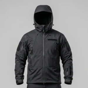 Men’s Black Tactical Softshell Jacket – Waterproof Fleece-Lined Hooded Outerwear