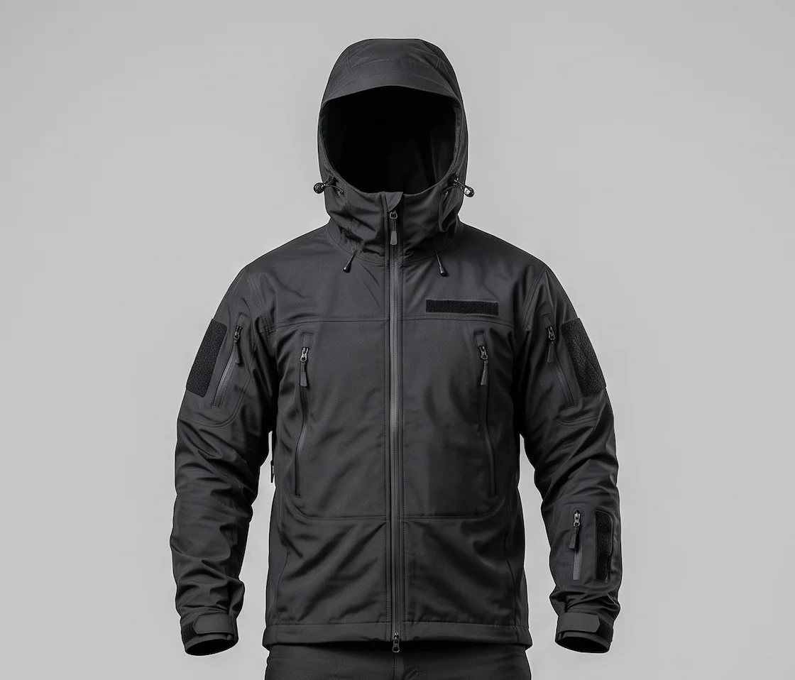 Men’s Black Tactical Softshell Jacket – Waterproof Fleece-Lined Hooded Outerwear