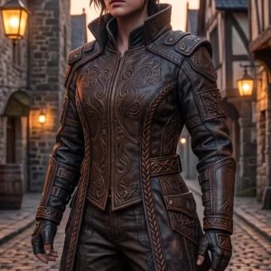 Women’s Antique Brown Embossed Leather Trench Coat – Handcrafted Fantasy Longline Leather Jacket