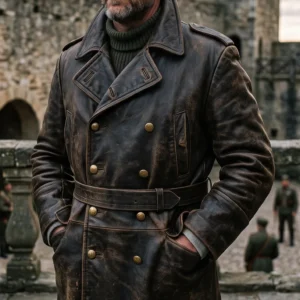 Men's Distressed Brown Leather Trench Coat – Vintage Military Officer Belted Coat