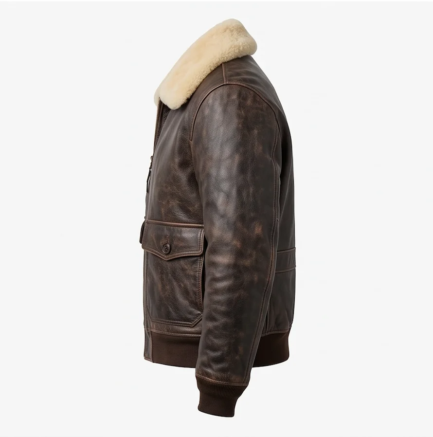 Men’s Distressed Dark Brown Leather Aviator Jacket with Shearling Fur Collar - Image 5