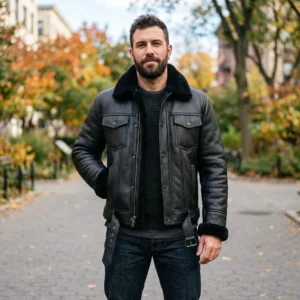 Men’s Black Leather Shearling Trucker Jacket with Belt