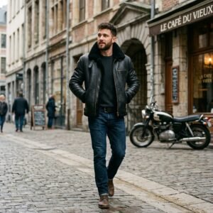 Men's Black Shearling Café Racer Genuine Leather Jacket