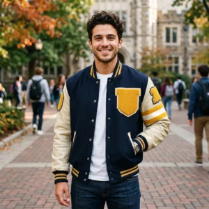 Men's Navy Blue & Cream Wool Letterman Varsity Jacket with Chenille Patches
