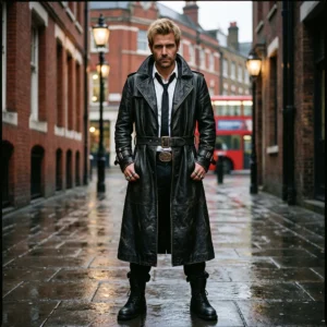 Men's Constantine Vintage Distressed Black Leather Trench Coat