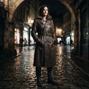 Women's Cinematic Distressed Brown Leather Trench Coat