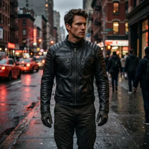 Men’s Daredevil-Inspired Matte Black Quilted Leather Biker Jacket