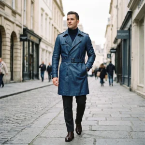 Men's Slate Blue Double-Breasted Real Leather Trench Coat