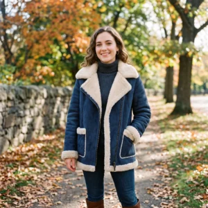 Women’s Blue Double-Sided Faux Shearling Aviator Jacket