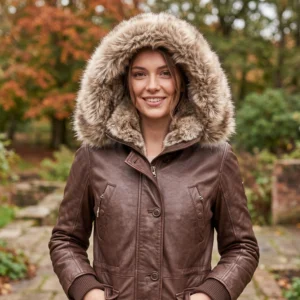 Women's Brown Faux Fur Hood Leather Jacket