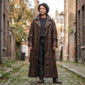 Women's Oversized Vintage Brown Full-Length Leather Duster Coat