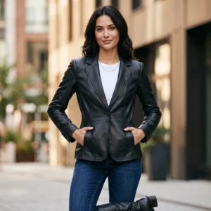 Women's Fitted Black Leather Blazer