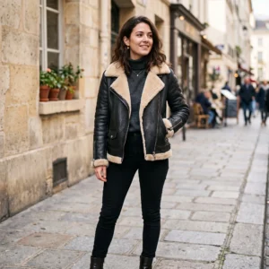 Women's Black Leather Shearling Moto Jacket
