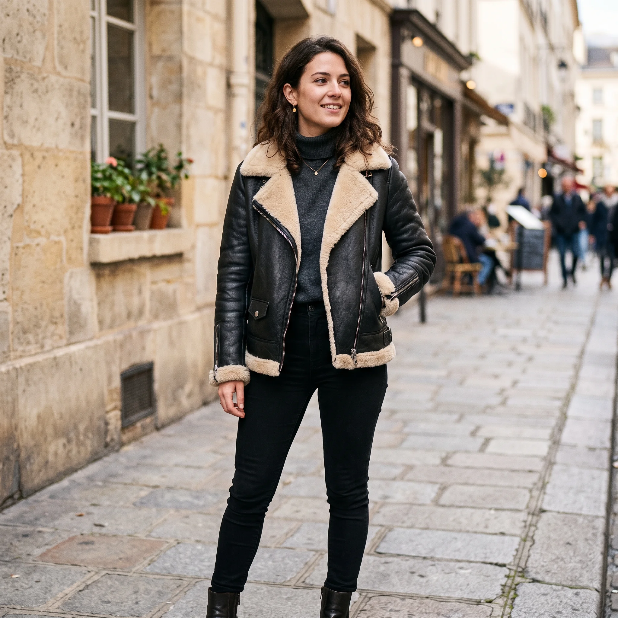 Women's Black Leather Shearling Moto Jacket