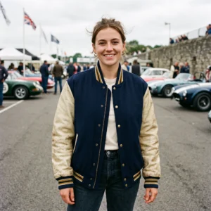 Women's Vintage Navy Blue & Distressed Cream Leather Varsity Jacket