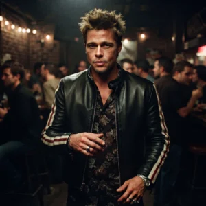 Men's Tyler Durden-Inspired Black Leather Jacket with Sleeve Stripes